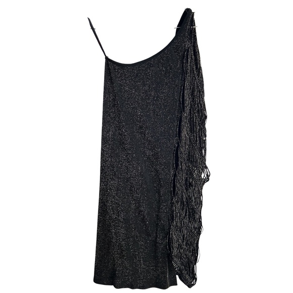 BEBE One Shoulder Fringe Metallic Midi Dress Black Petite Small - Picture 2 of 5
